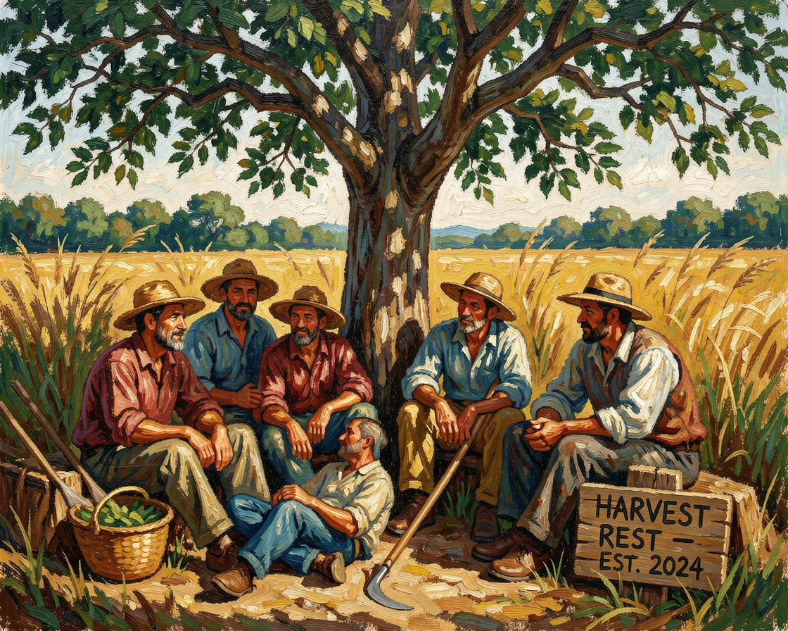 A group of farmers resting in the shade during a midday break from the harvest.