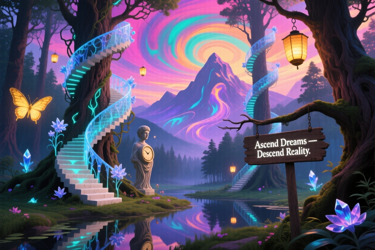 A forest where every tree trunk is a spiral staircase stretches endlessly beneath a sky of shifting colors, while distant mountains seem to shimmer like a mirage.