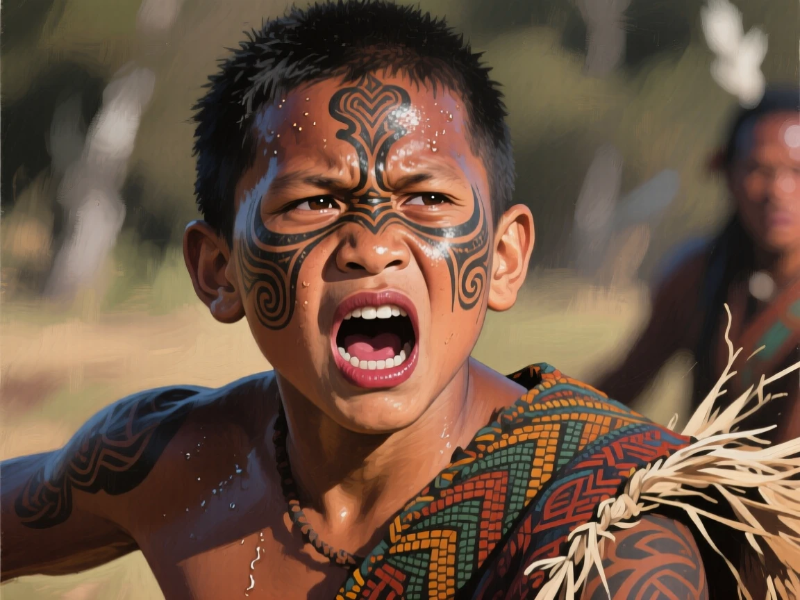 A young Maori performer executes a traditional haka with fierce intensity, intricate facial tattoos and wide eyes captured in dramatic detail, the moment feeling candid and intimate rather than posed or staged.
