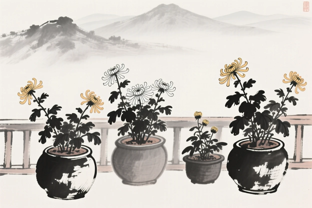 Chrysanthemums bloom in ceramic pots along a garden veranda, with distant mountains softened by afternoon haze.