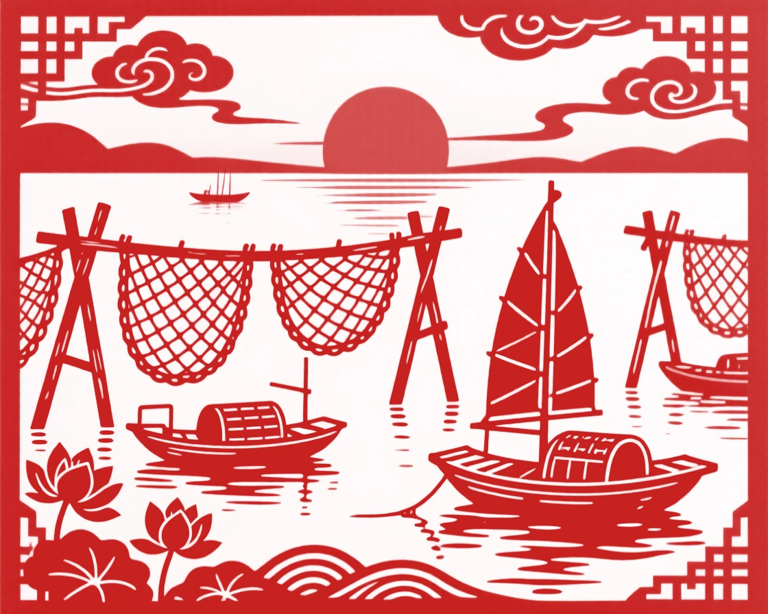 A tranquil bay at dawn with fishing nets drying on wooden racks, small boats bobbing gently at anchor