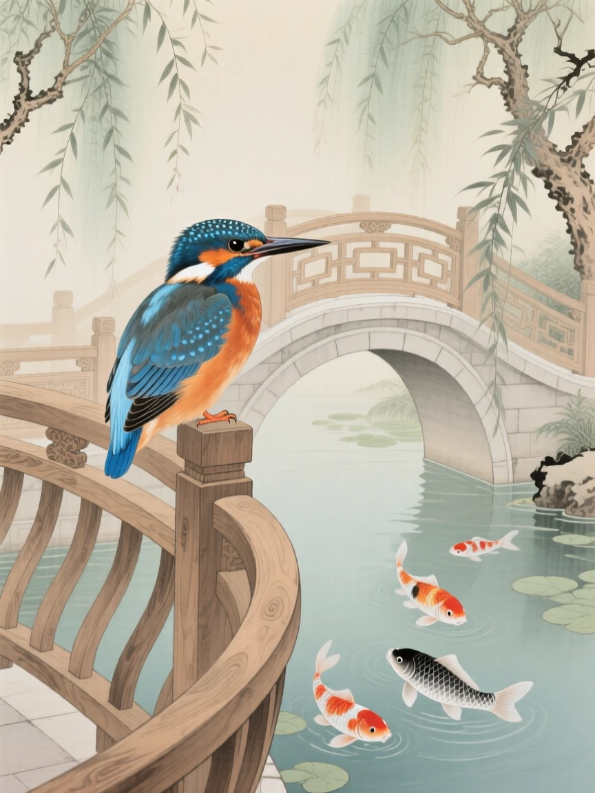 A kingfisher resting on a curved bridge railing over a koi pond, soft morning light filtering through the branches