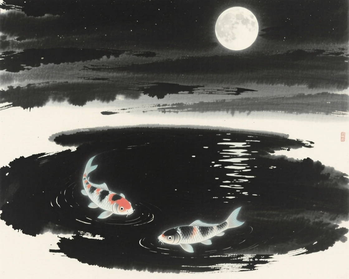 A moonlit koi pond where the fish seem to glow from within, framed to emphasize scale against a vast open sky, conveying graceful power and serene majesty.