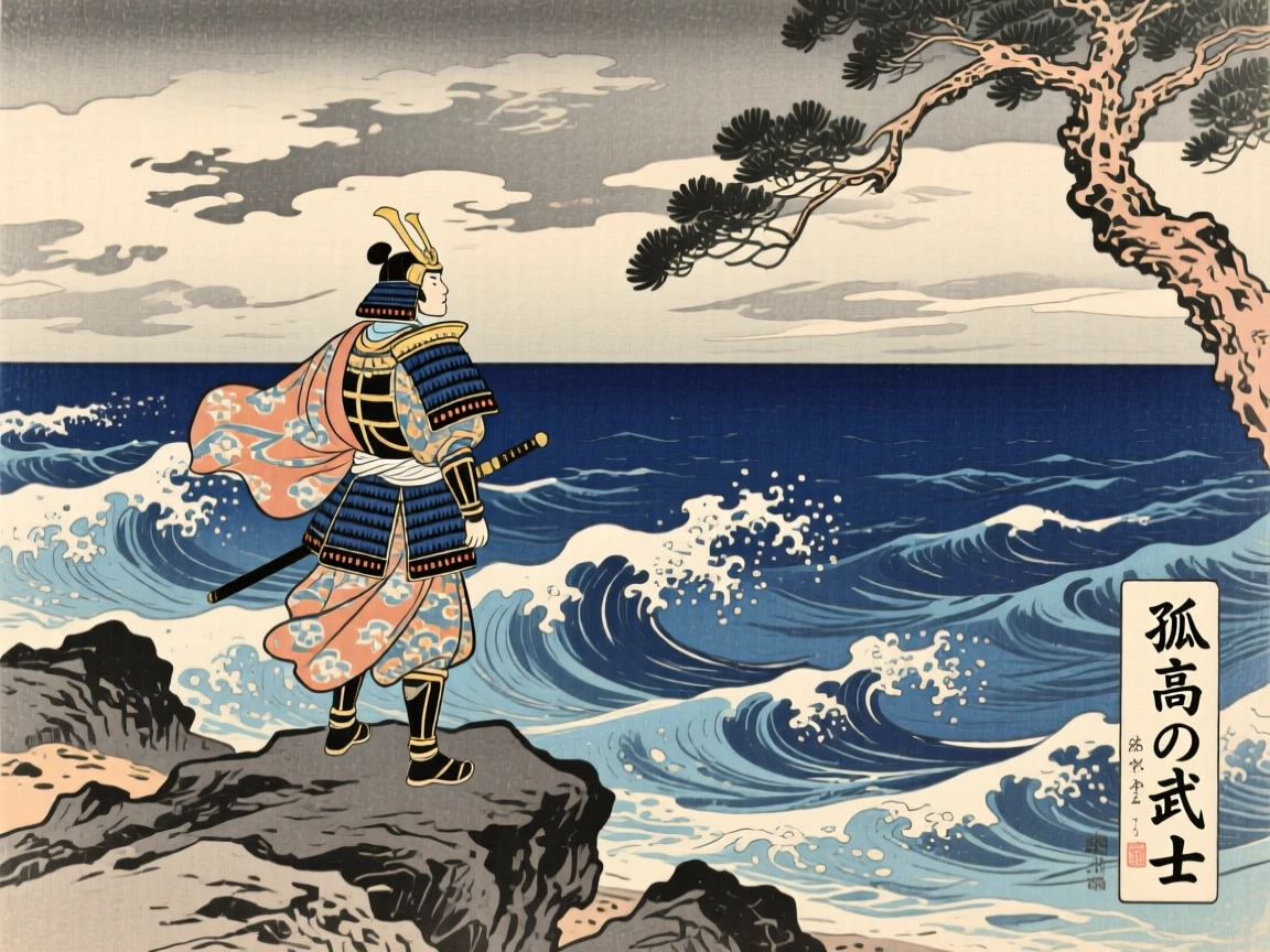 A lone warrior gazing at a stormy sea from a rocky shore.
