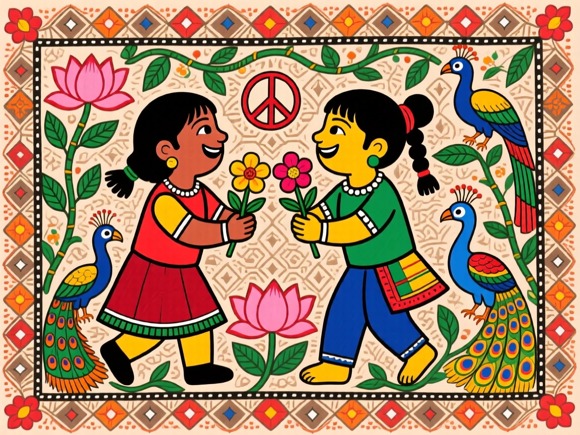 Two nations' children playing together, exchanging flowers of peace.