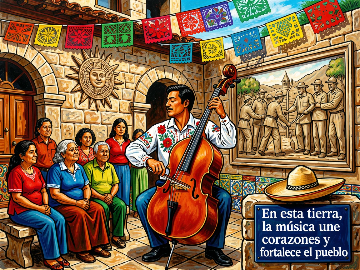 A cellist performing in a quiet stone courtyard