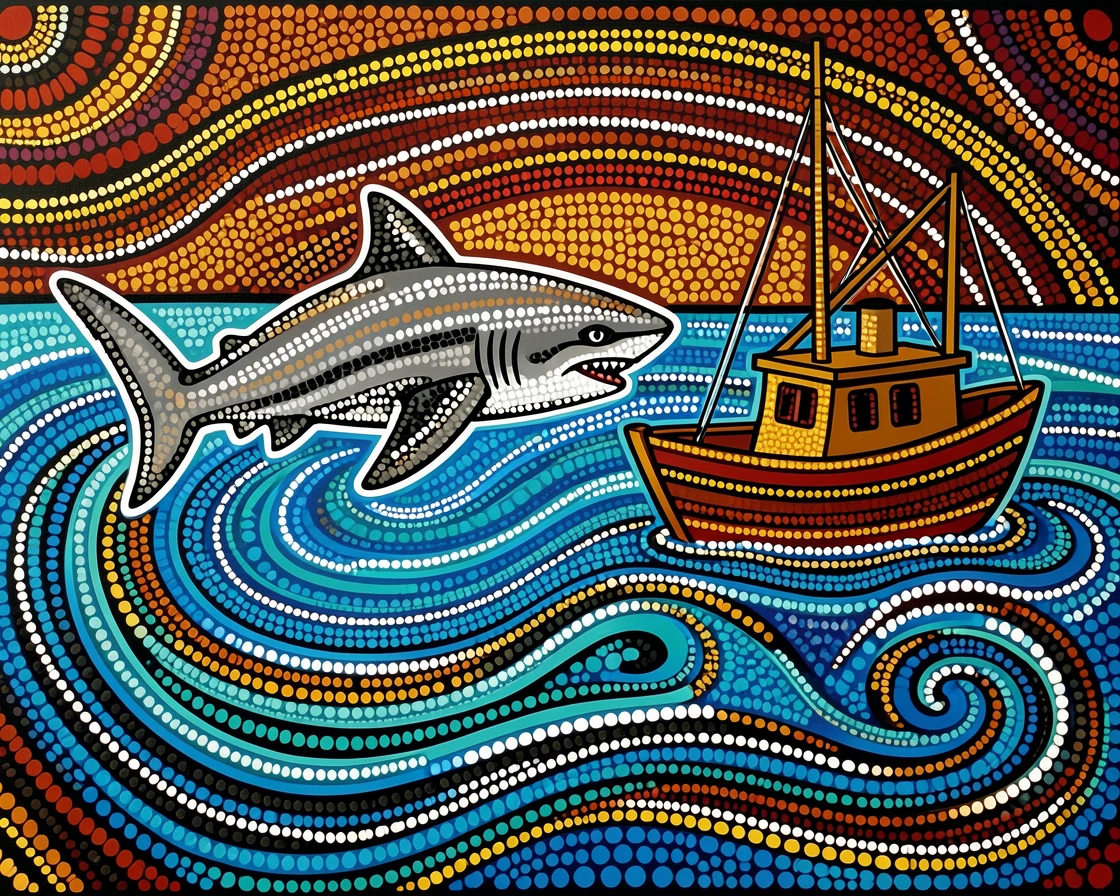 A reef shark surfacing beside a fishing boat