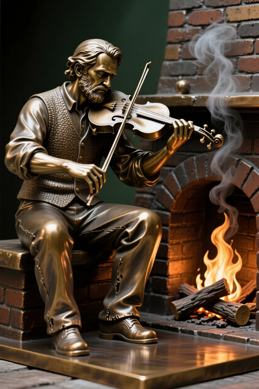 An irish fiddler playing beside a crackling hearth fire, with fine, expressive facial detail, forming a strong central focal point