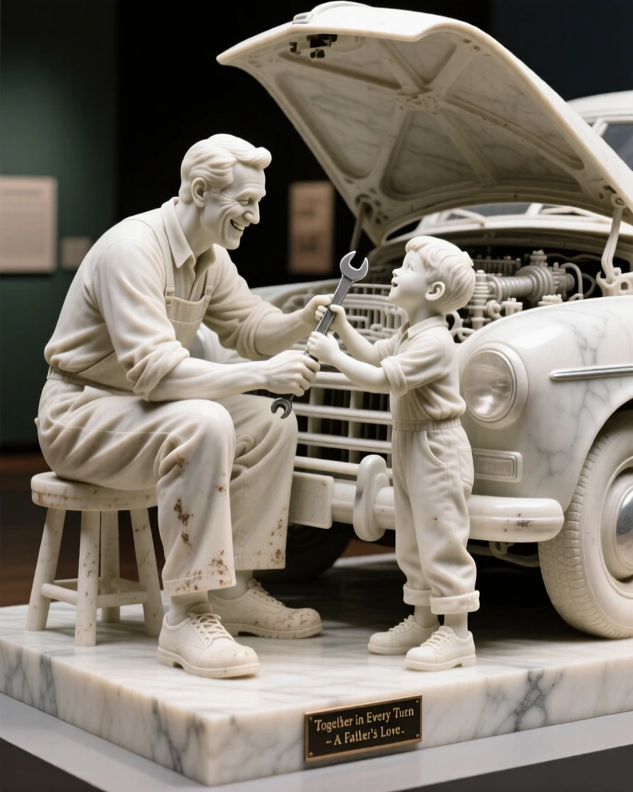 A joyful scene of a father and son fixing an old car together, capturing warmth, togetherness, and belonging