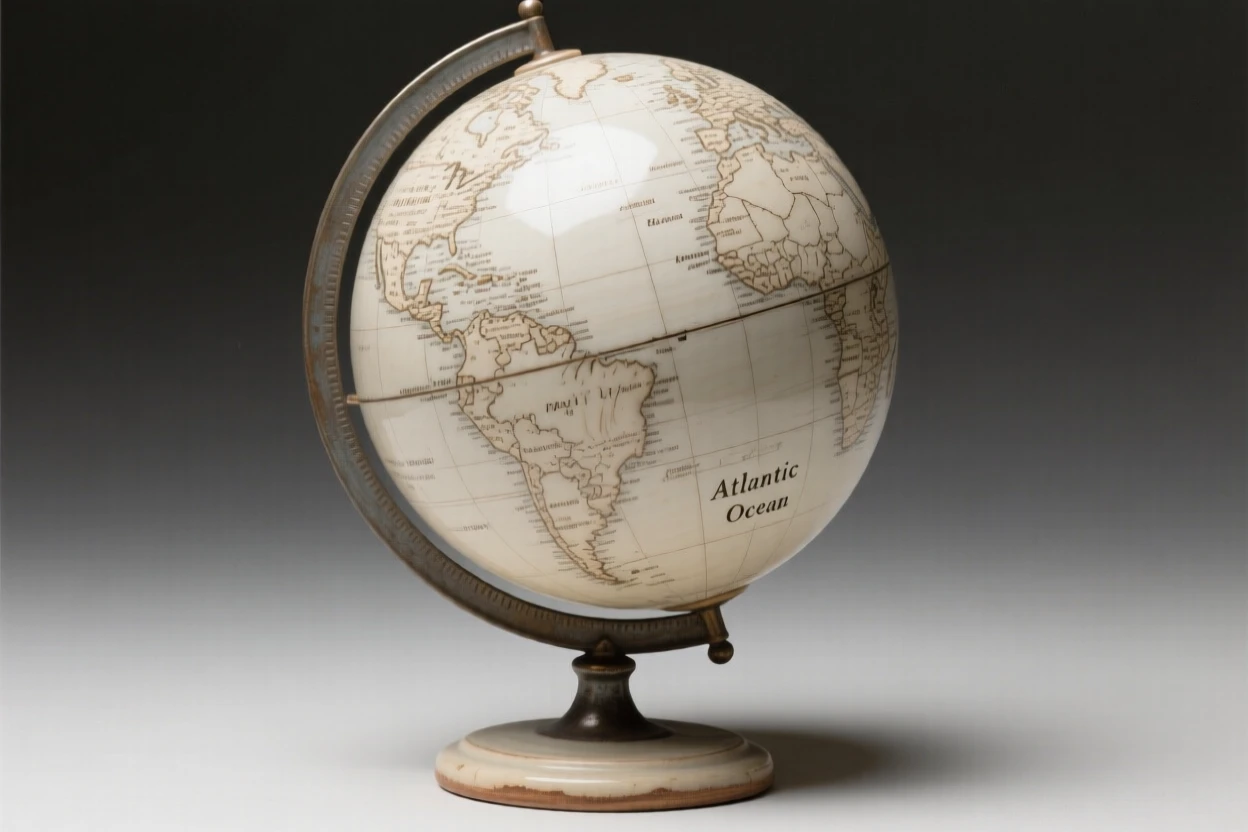 An antique globe spinning slowly on its stand posed as if just set down a moment ago, its surface polished to a gentle sheen, capturing beauty in the overlooked and ordinary.