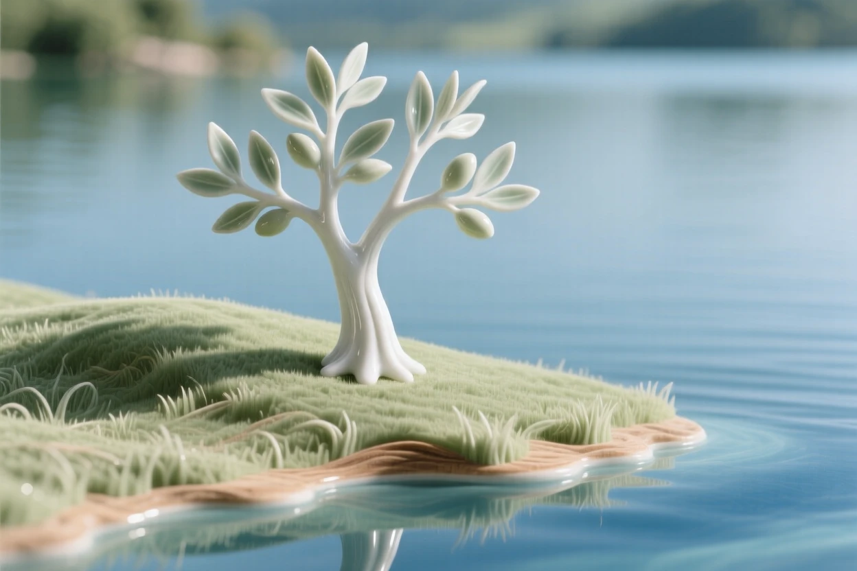 A graceful olive tree standing alone on a grassy hill in a quiet lakeside setting.