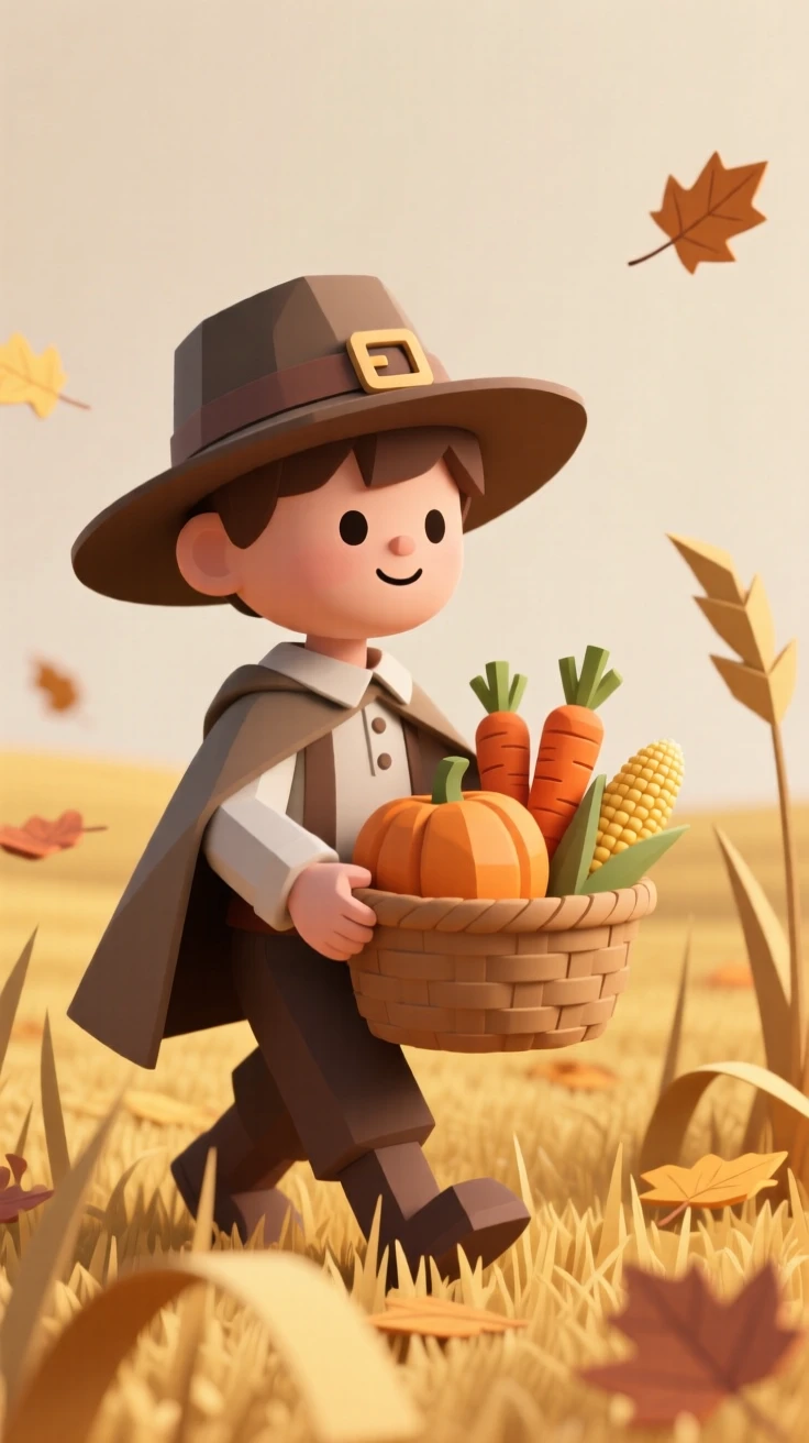 A gentle Thanksgiving pilgrim child carries a basket of harvest vegetables through a golden autumn field.