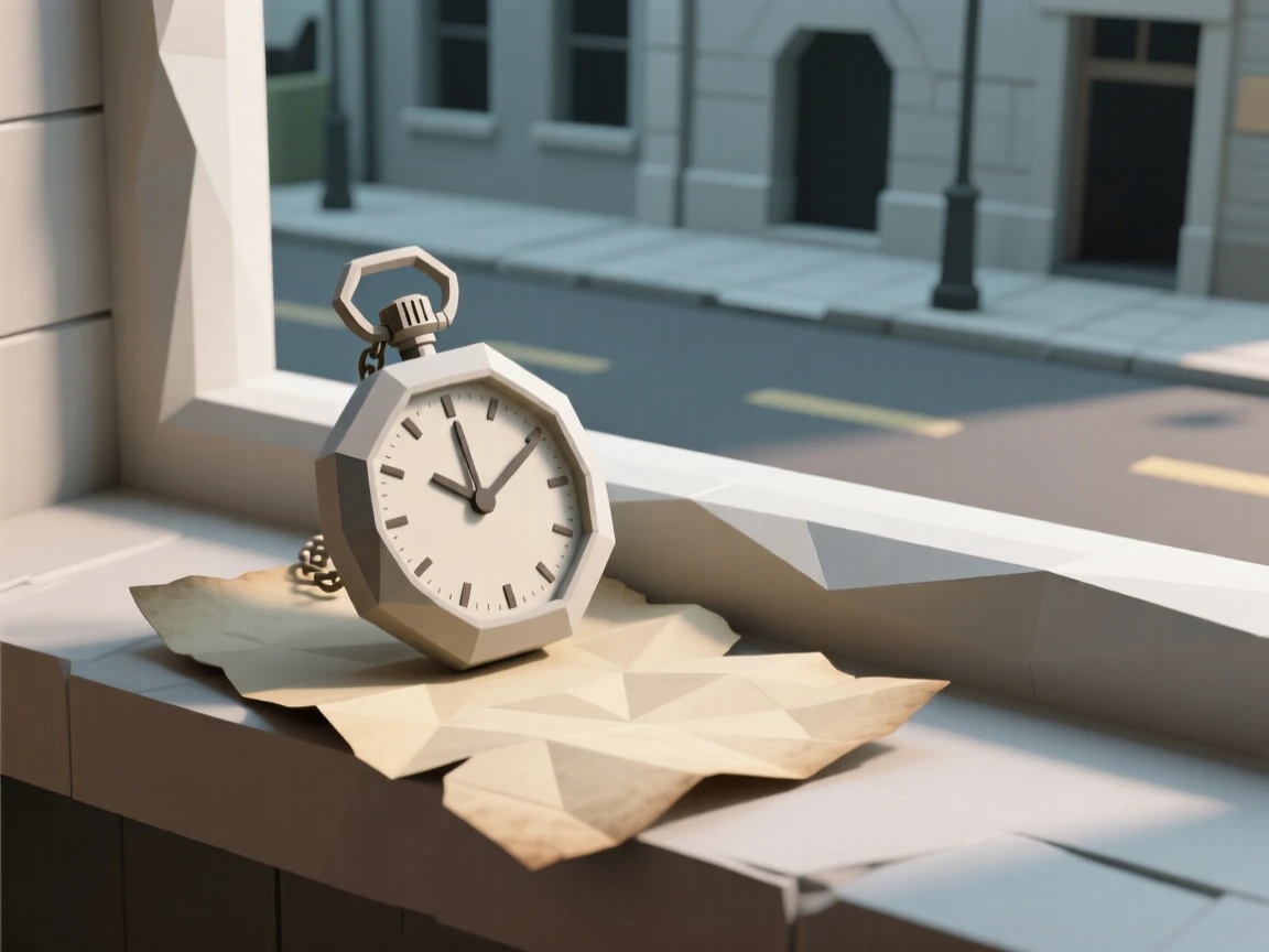 A vintage pocket watch resting on old parchment, on a windowsill overlooking a quiet street. a shallow depth of field isolates the main object. The atmosphere feels cozy and personal.