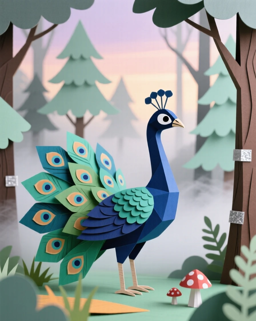 A regal peacock exploring a misty forest at dawn, with mist rising gently in the background, capturing the wonder of the natural world.