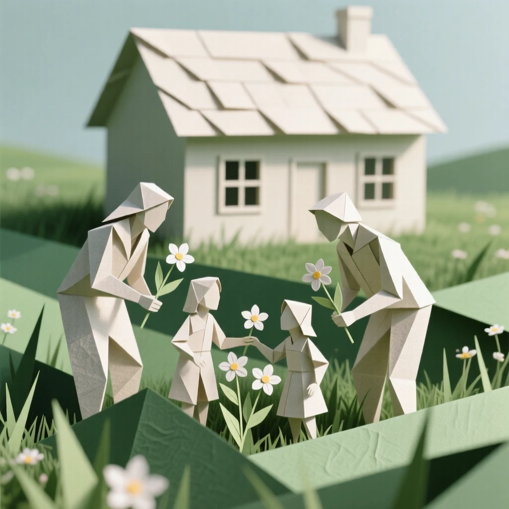 A family gathering wildflowers together in a meadow behind their farmhouse.