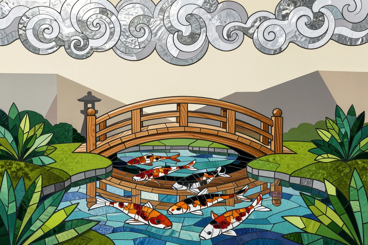 A wide panoramic view of a serene Japanese garden with a curved wooden bridge over a koi pond, with dramatic clouds and rich natural color.