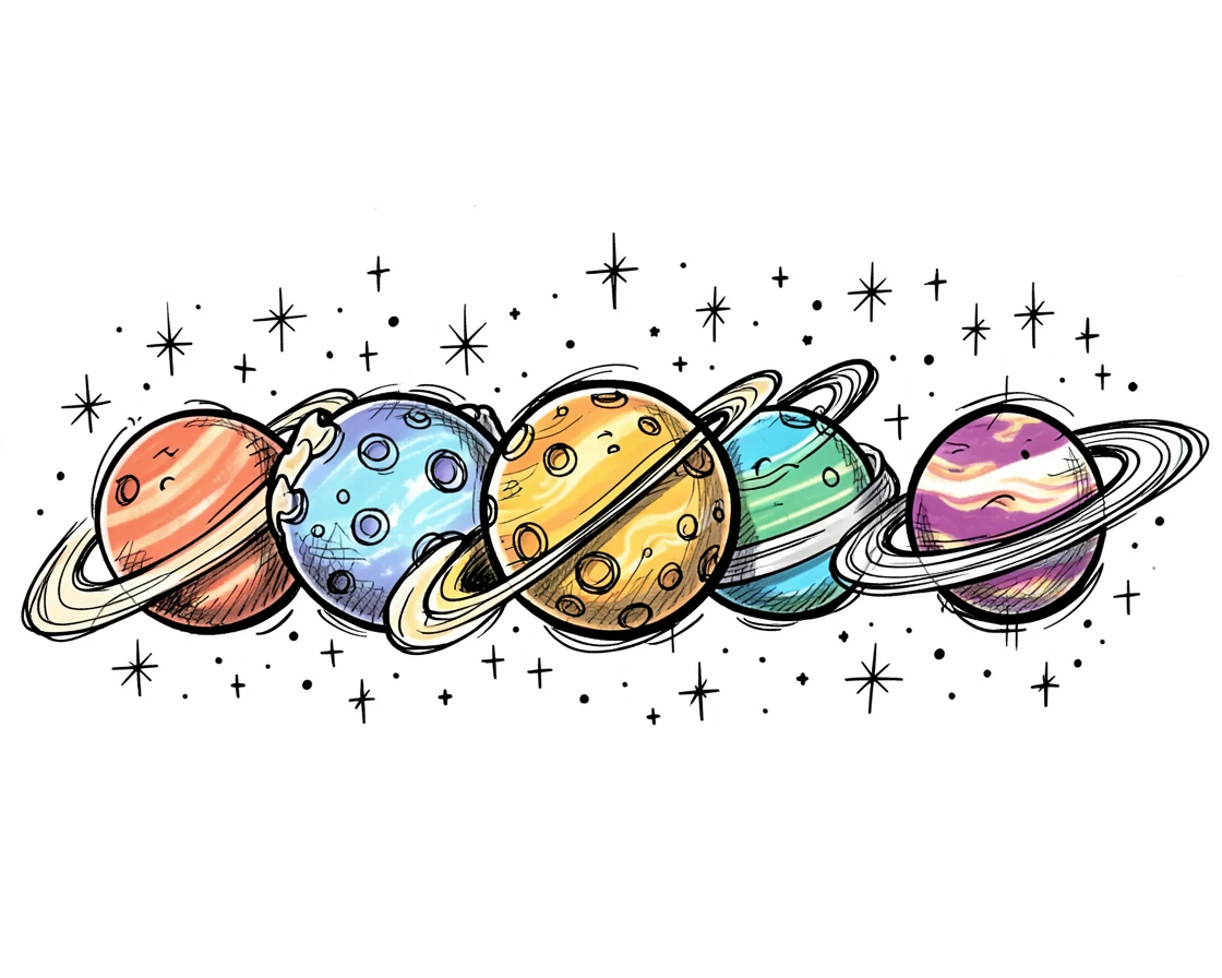 A cluster of colorful planets in a row surrounded by twinkling distant stars.