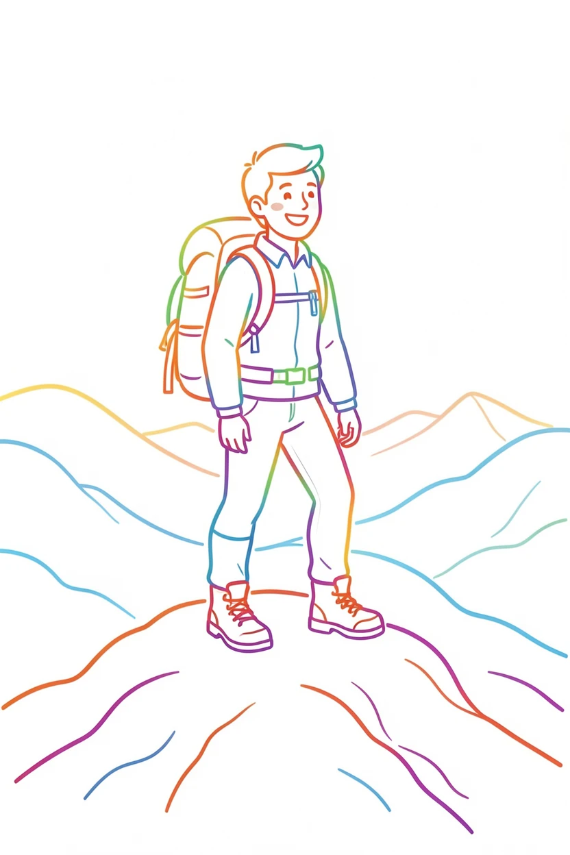 A hiker standing at a mountain summit taking in a panoramic view.