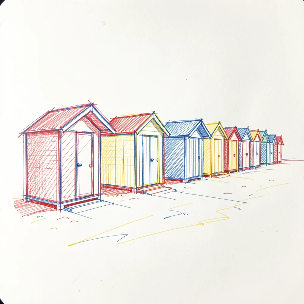 A colorful row of beach huts lining a sandy shoreline