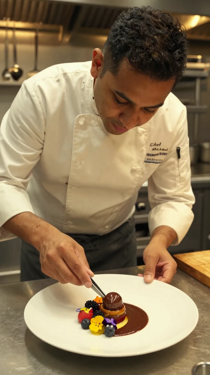 A chef plates a delicate dessert with tweezers under warm kitchen lights.