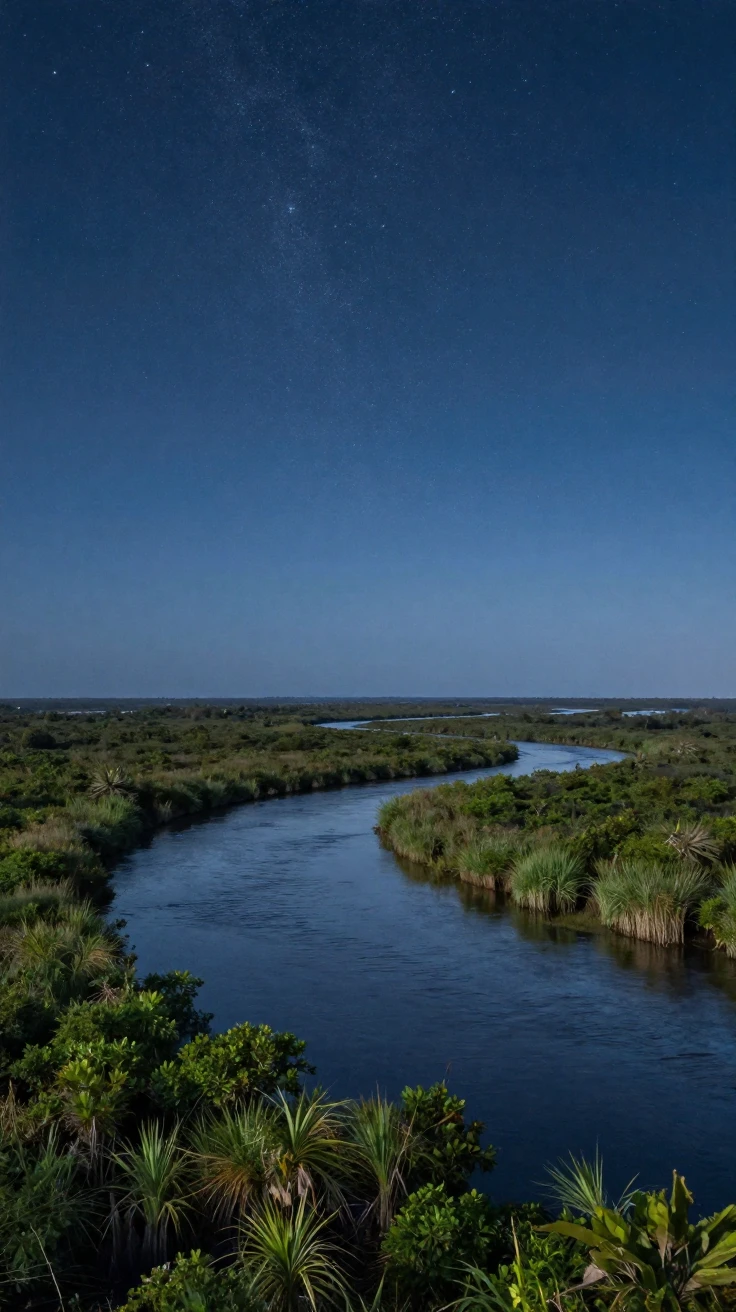 A sprawling river delta shimmering beneath a canopy of stars