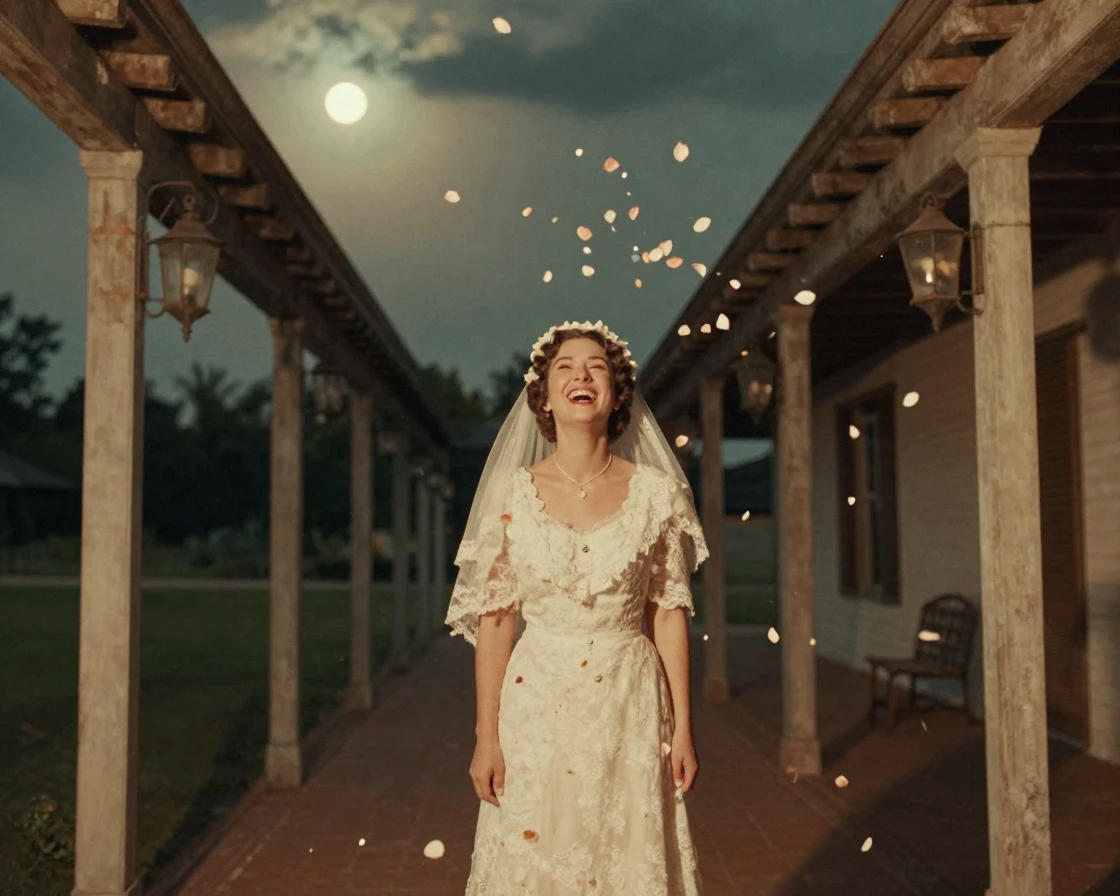 A bride laughing as she is showered with flower petals, under moonlight, under a darkening storm sky, as summer fades into fall, with muted olive and rust colors, framed symmetrically down a long corridor.