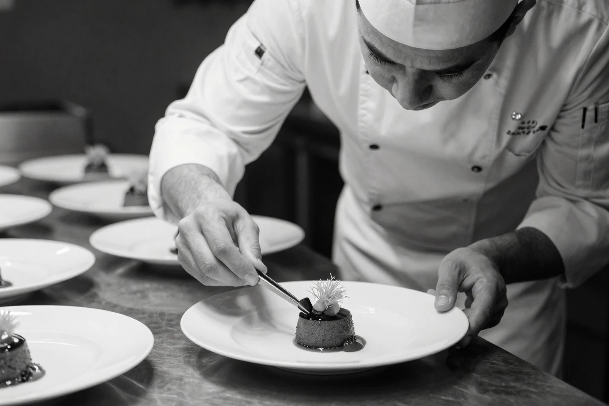 A chef plates a dessert with tweezers and precision at a fine dining pass station.