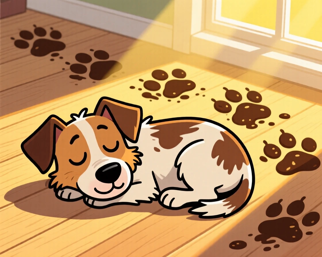 A playful pet moment featuring a scrappy terrier mix curling up for a nap in a sunbeam, with muddy paw prints trailing behind.
