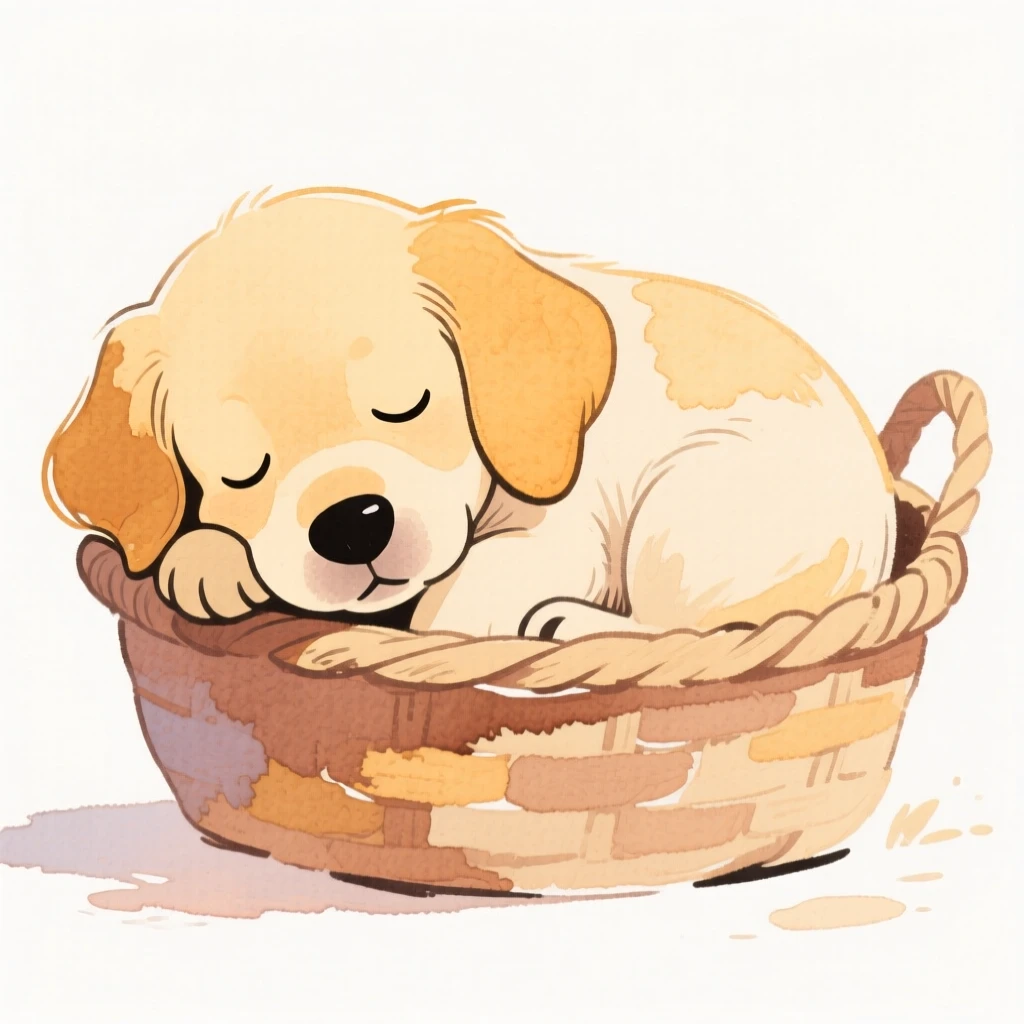 A golden retriever puppy curled up asleep in a cozy basket