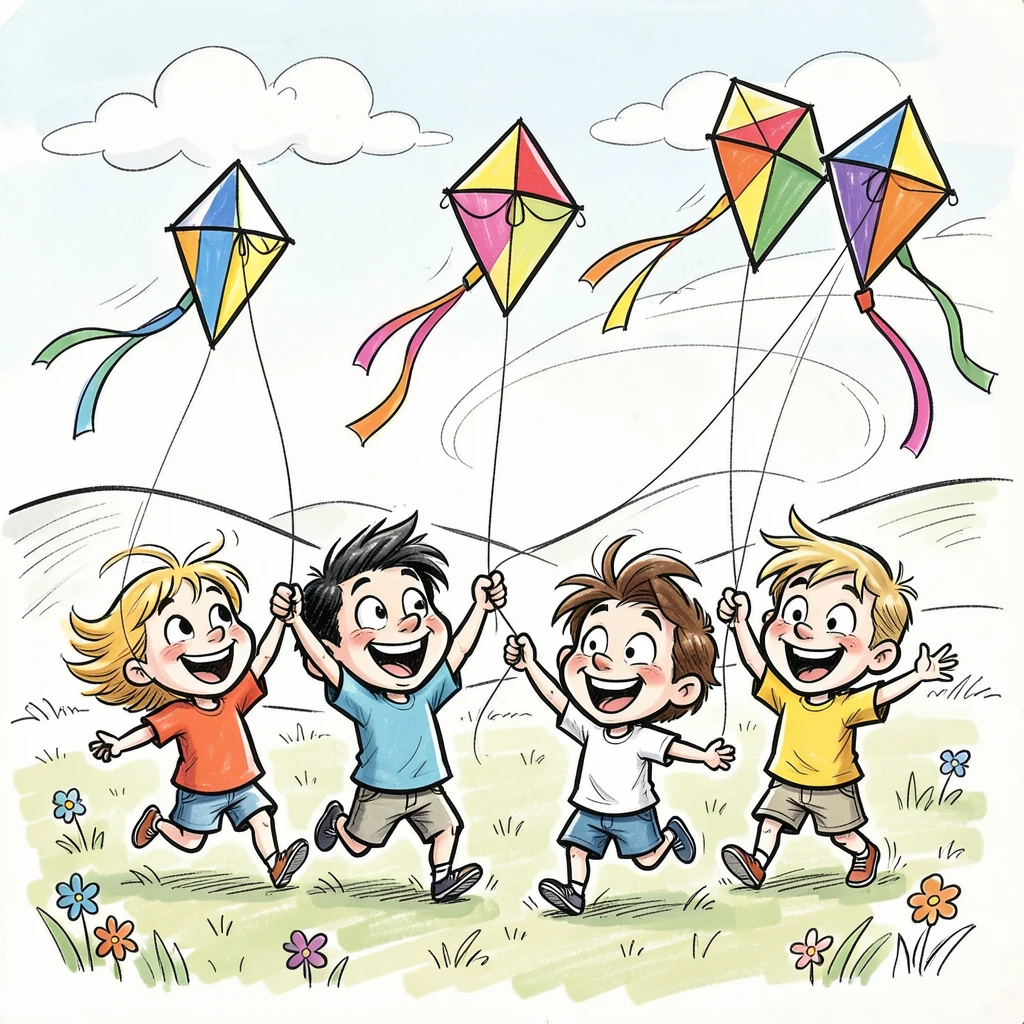 [Seasonal Holidays & Celebrations] Festive scene of children flying colorful kites together on a breezy spring day, full of celebration and joy