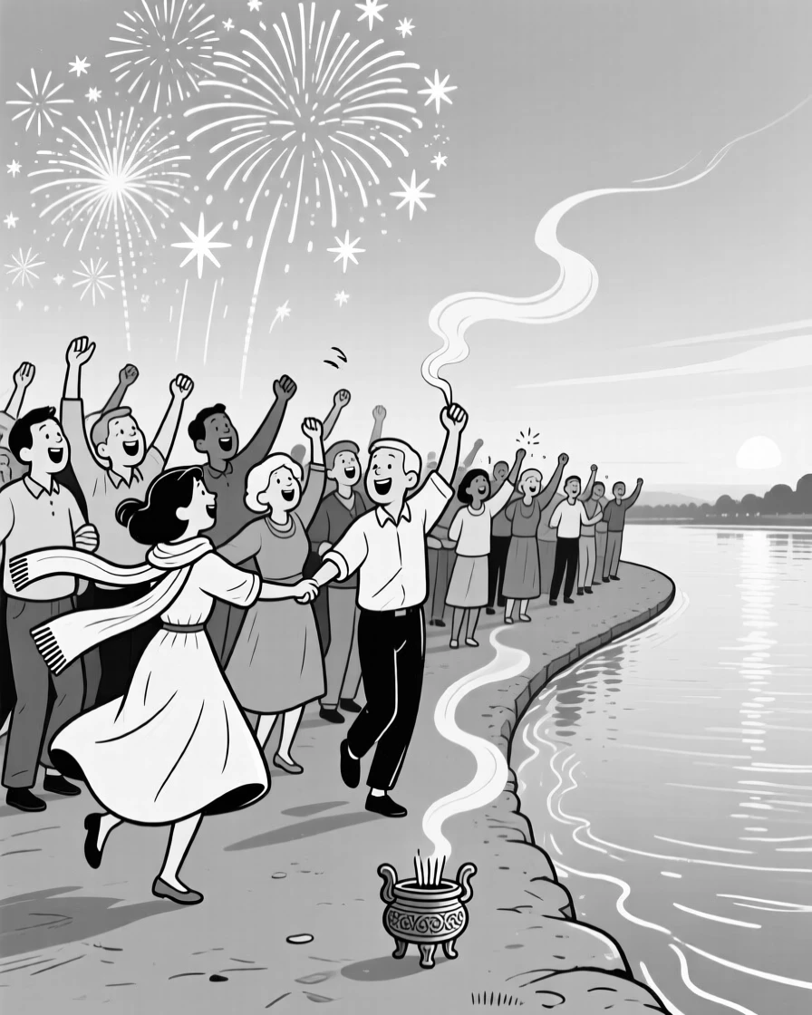 A crowd cheering as fireworks bloom overhead, spinning together in a whirl of fabric and laughter, set beside a riverbank at twilight. Incense smoke curls gently upward. It captures the warmth of celebration shared across generations.