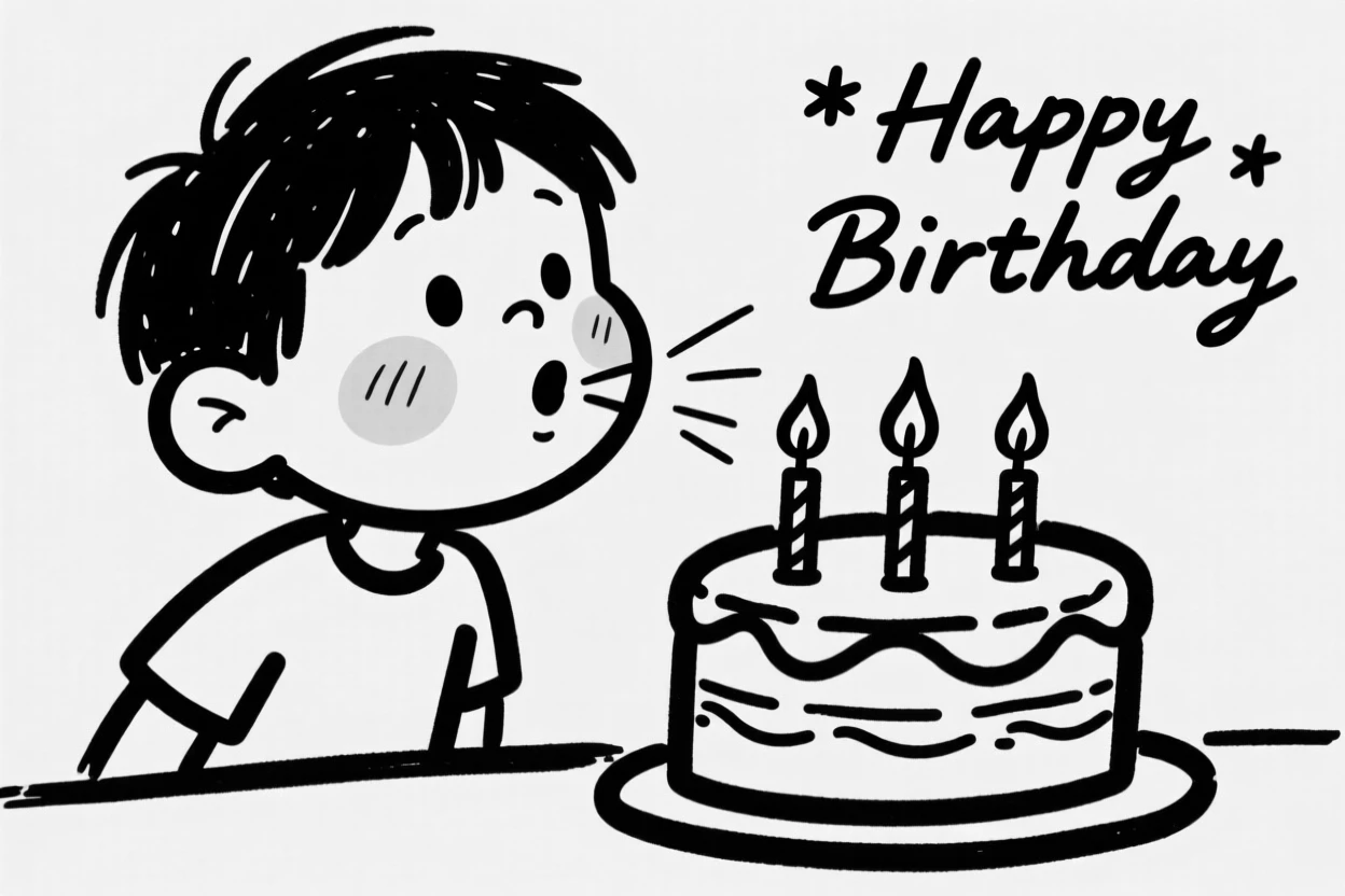 A child blowing out candles on a birthday cake with pure delight.