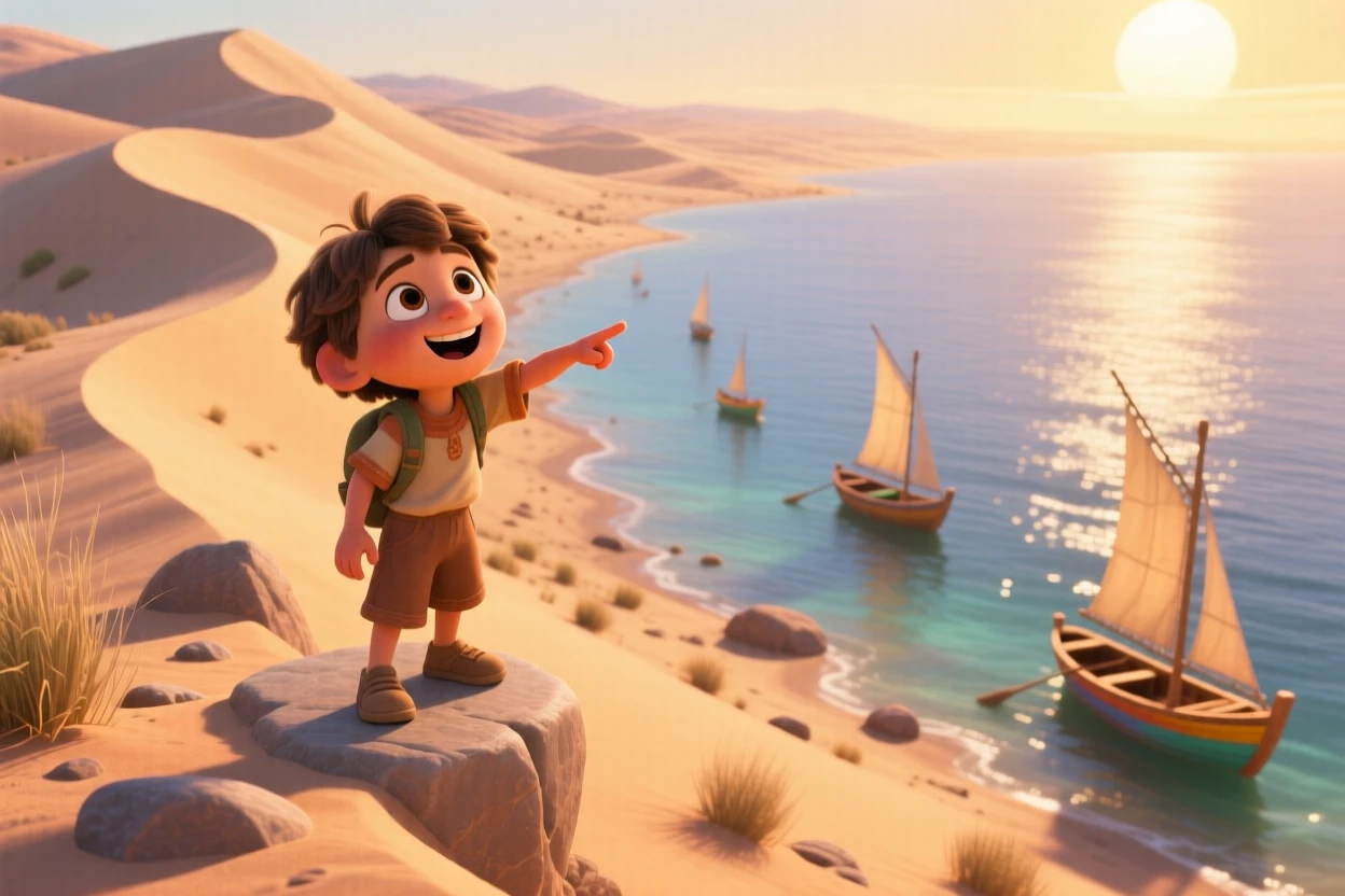 A child pointing excitedly at the view stands along a desert dune ridge at golden hour, resting on a stone ledge to admire the scenery. The mood is adventurous, peaceful, and awe-inspiring, with small boats bobbing in the distance.