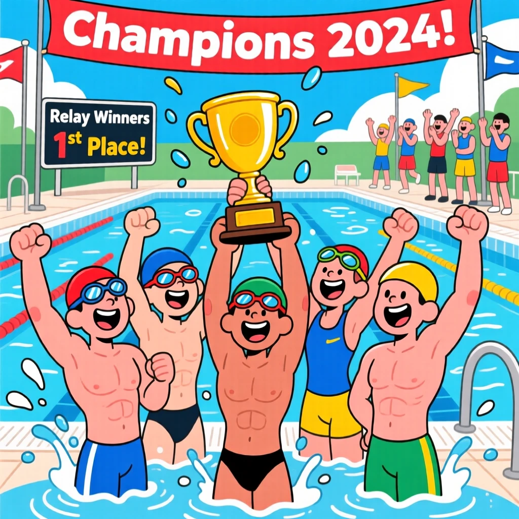 A swim team celebrating a relay victory poolside.
