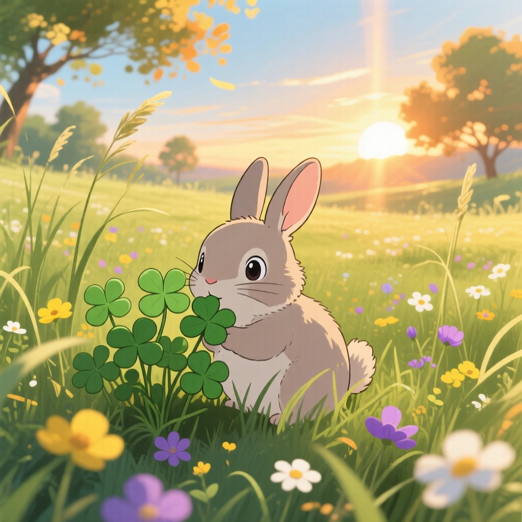 A rabbit nibbling clover in a sunny meadow, framed by the golden light of sunset, radiating pure charm.