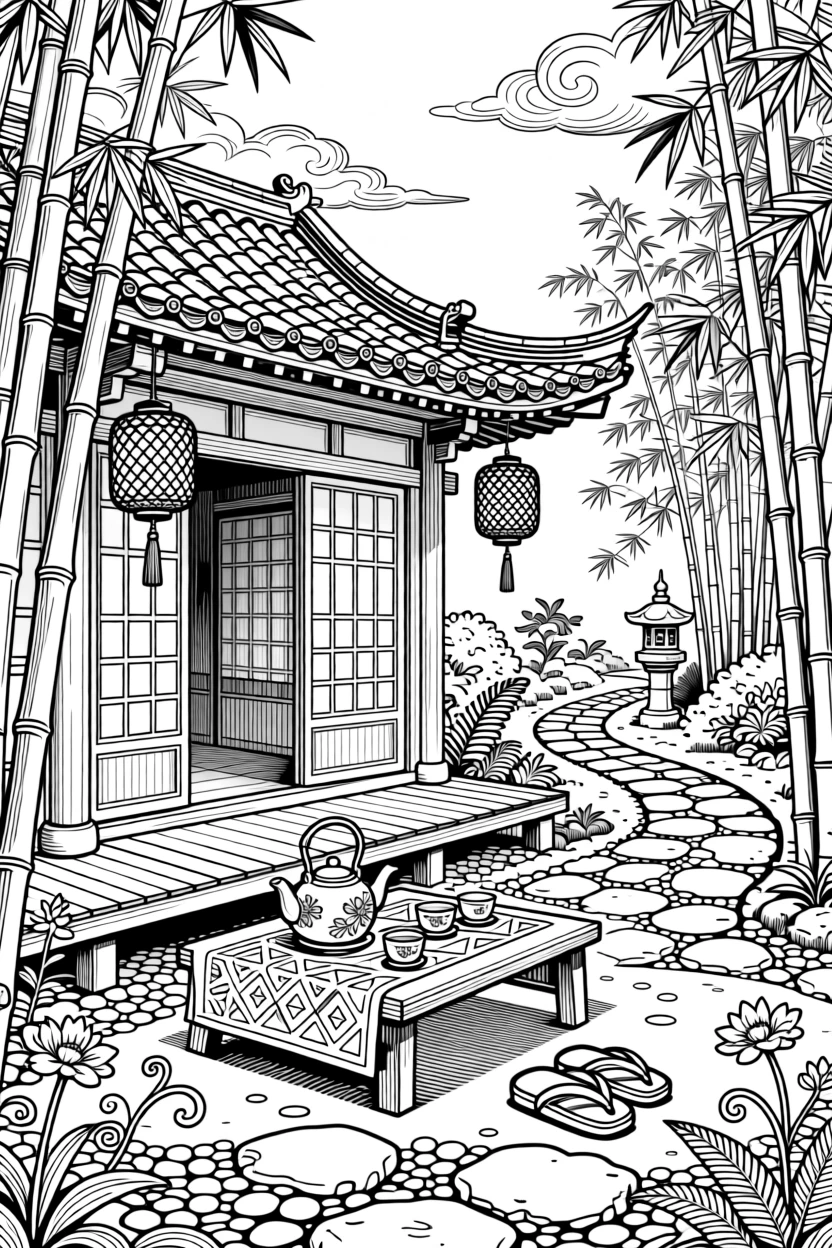 A traditional tea house nestled in a bamboo garden.