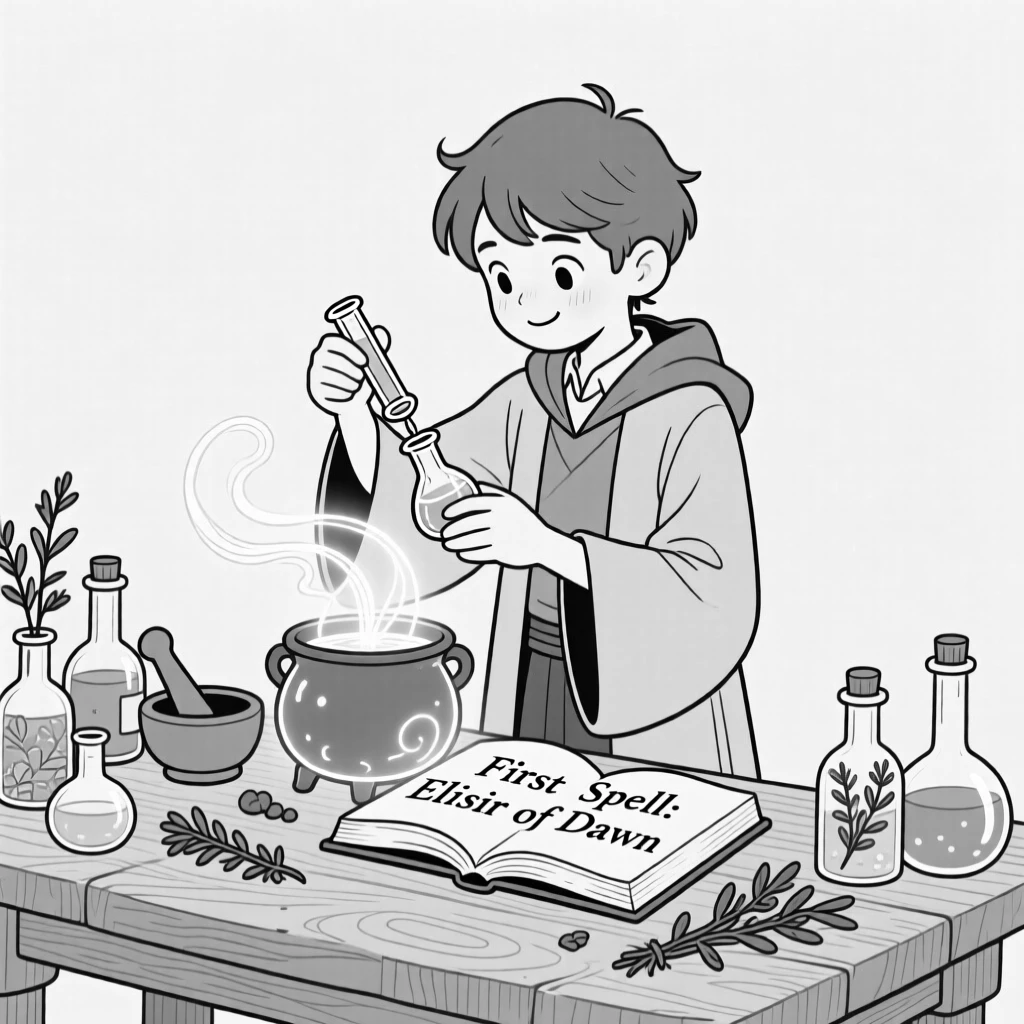 A young apprentice mixing ingredients for a first spell