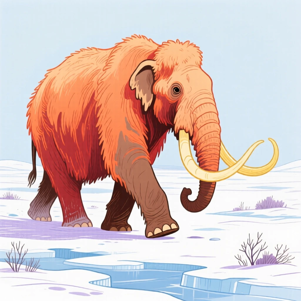 A woolly mammoth walking across a snowy ice age tundra.