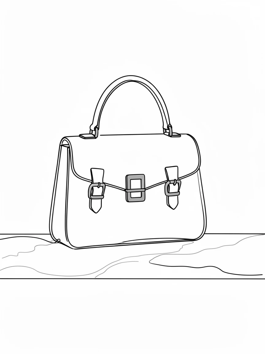 A leather handbag with brass buckles resting on a marble countertop