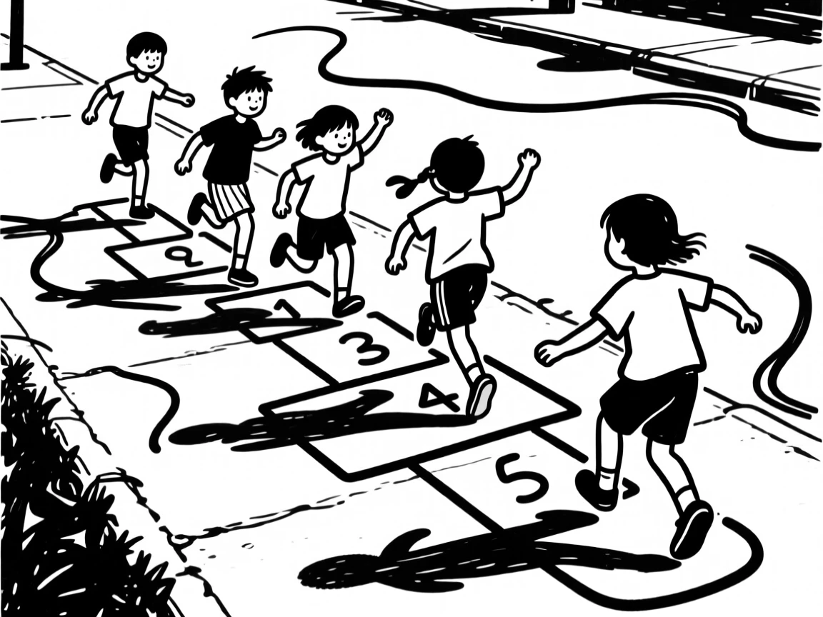 A group of children playing hopscotch on a chalk-drawn sidewalk.