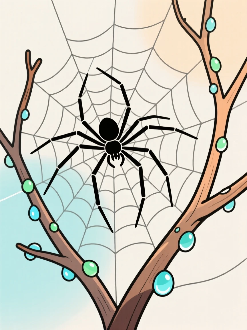 A spider spinning an intricate web between two dew-covered branches.
