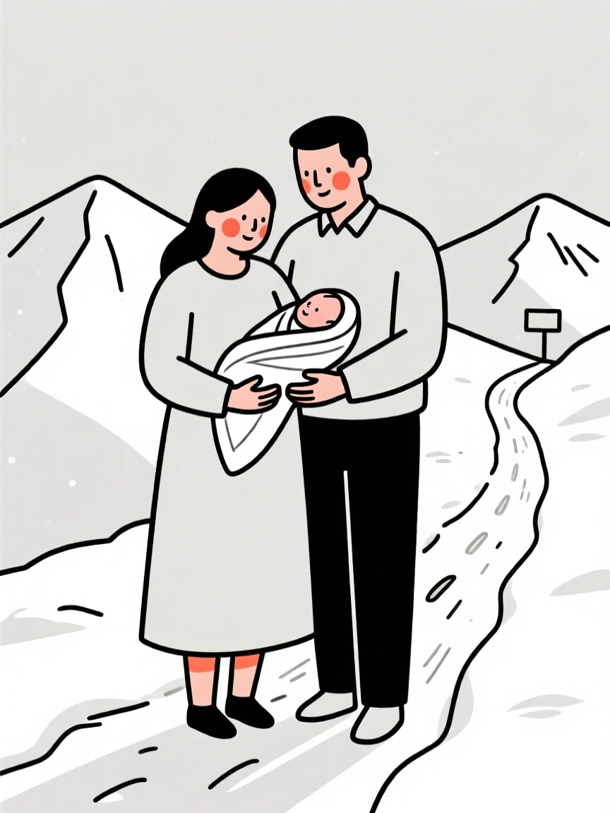 A newborn with parents of Mexican heritage, radiating quiet confidence, on a snowy mountain trail.