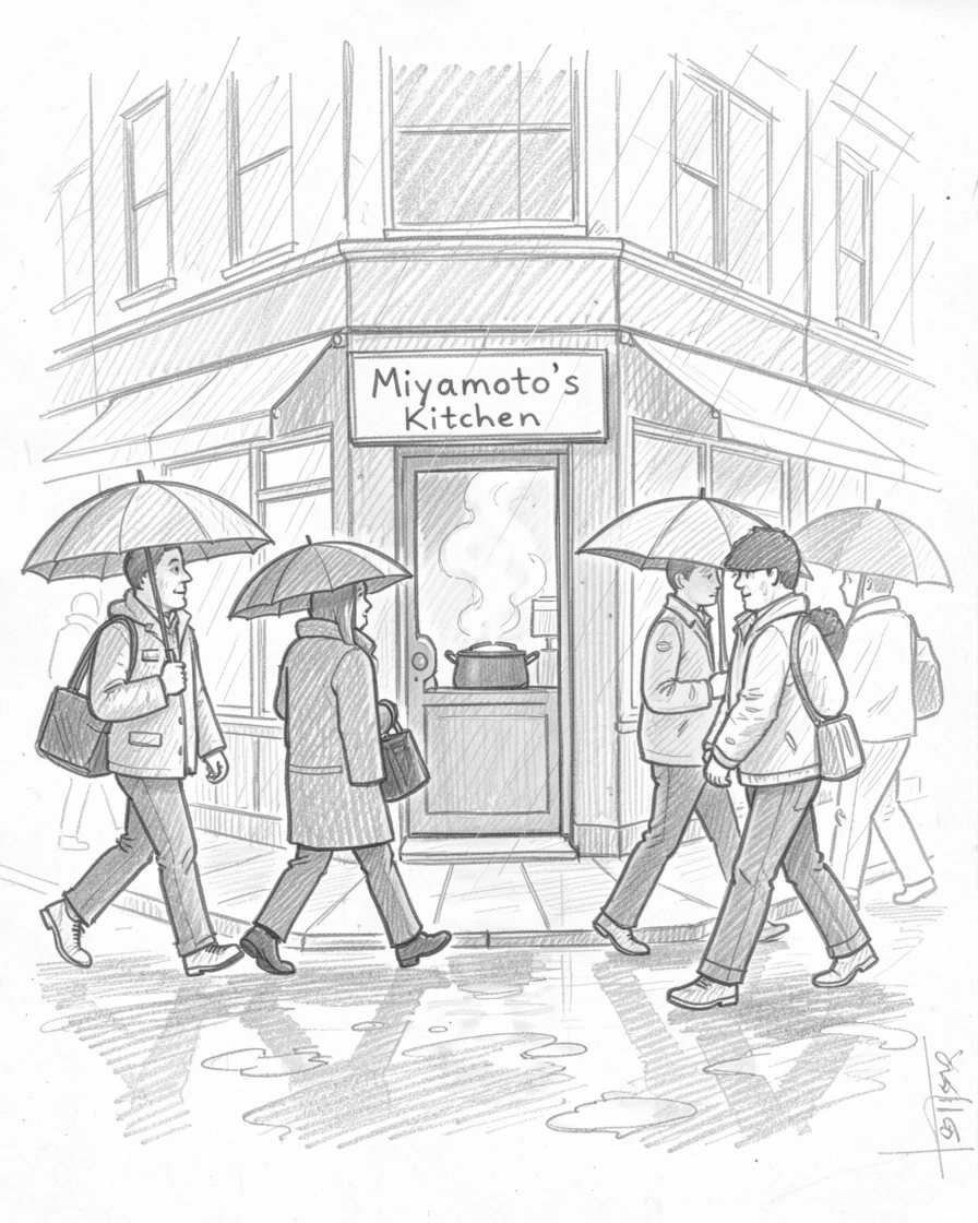 A candid slice-of-life scene of commuters crossing a busy city street in the rain in a small family-run shop, with warm steam rising gently.