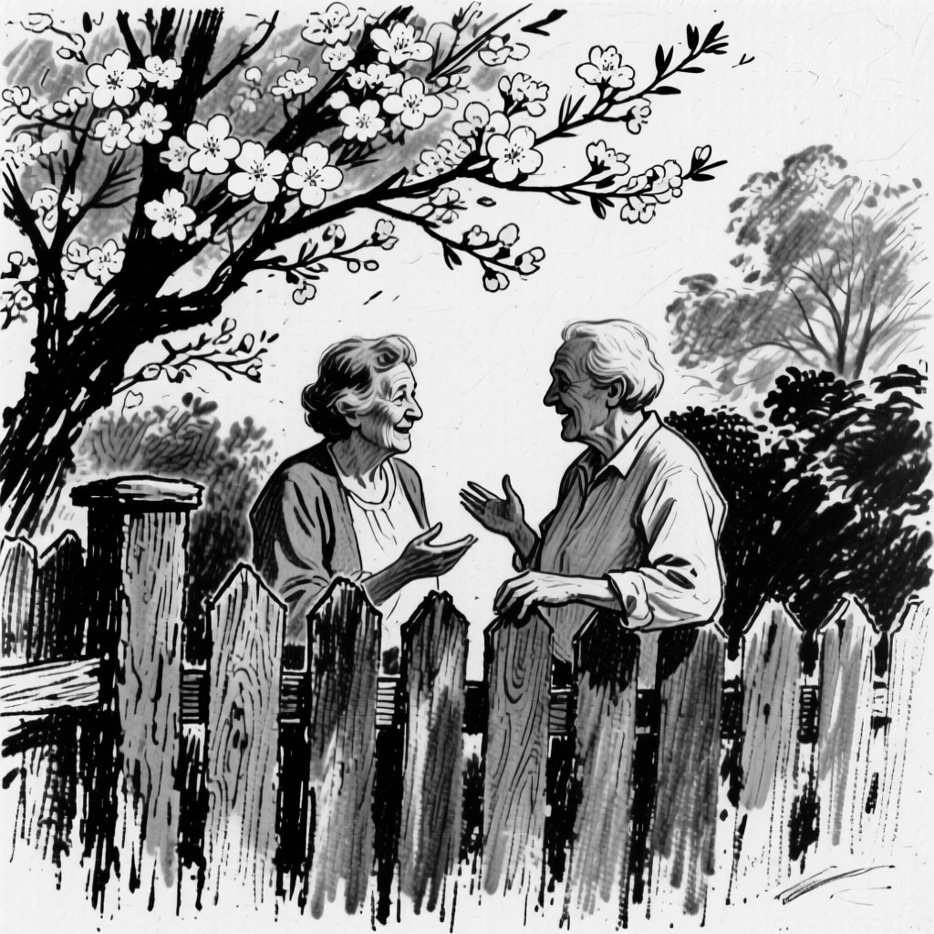 Neighbors chatting over a garden fence, beneath blossoming trees in full bloom.