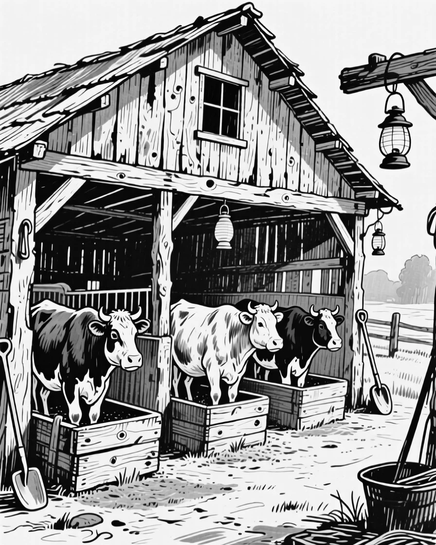 A rustic countryside dairy barn with cows in wooden stalls.
