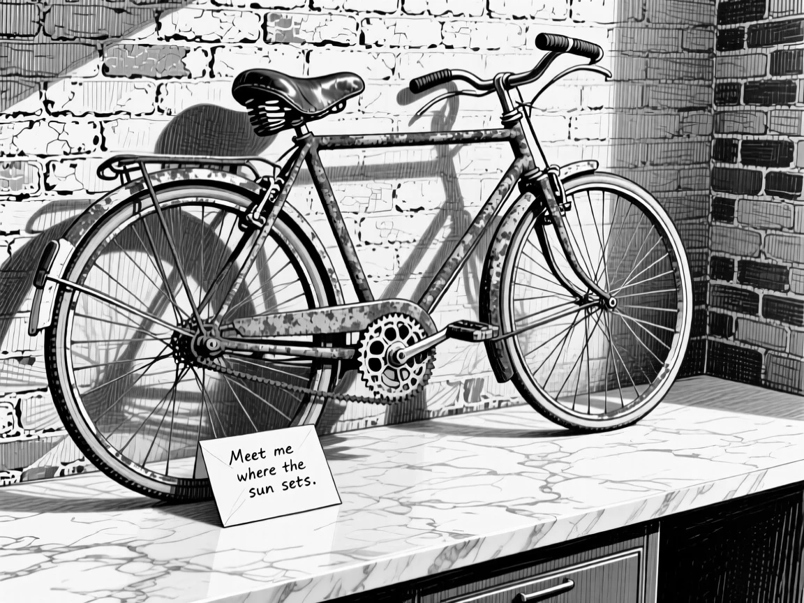 An old bicycle leaning on a wall set on a marble countertop, with a folded note tucked alongside it, forming a cozy and intimate still-life study.