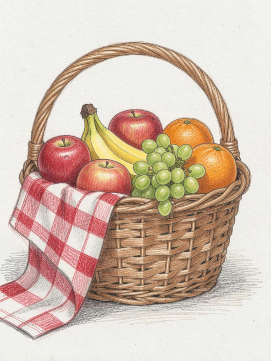 A woven picnic basket filled with fruit and a checkered cloth, with a nostalgic, well-loved quality, capturing the beauty of everyday treasures.