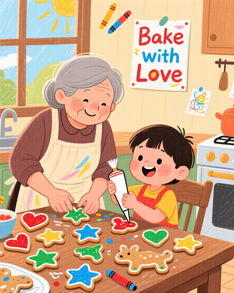 A grandmother and her grandchild decorating cookies together in a warm kitchen.