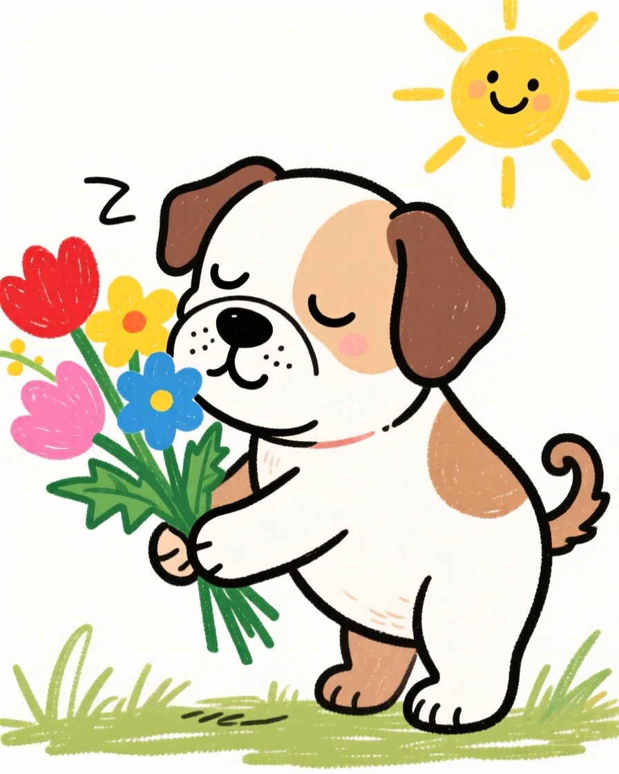 A sleepy bulldog puppy sniffing a bouquet of fresh flowers.