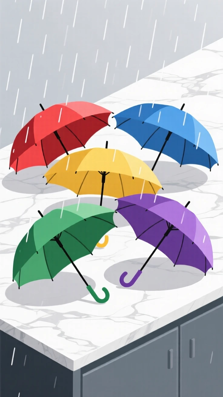 A set of colorful umbrellas open and drying after rain, placed on a smooth marble countertop, composed with gentle negative space around the object, with a clean, elegant simplicity.
